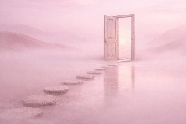 person standing at a misty threshold embracing personal transformation between light and shadow.